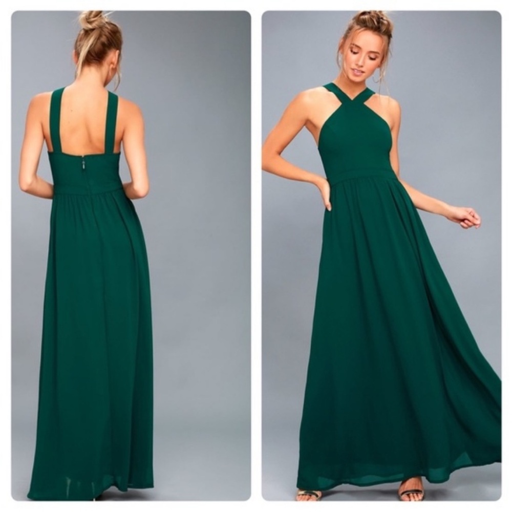 Lulu's Emerald Green Crisscross Halter Maxi Dress